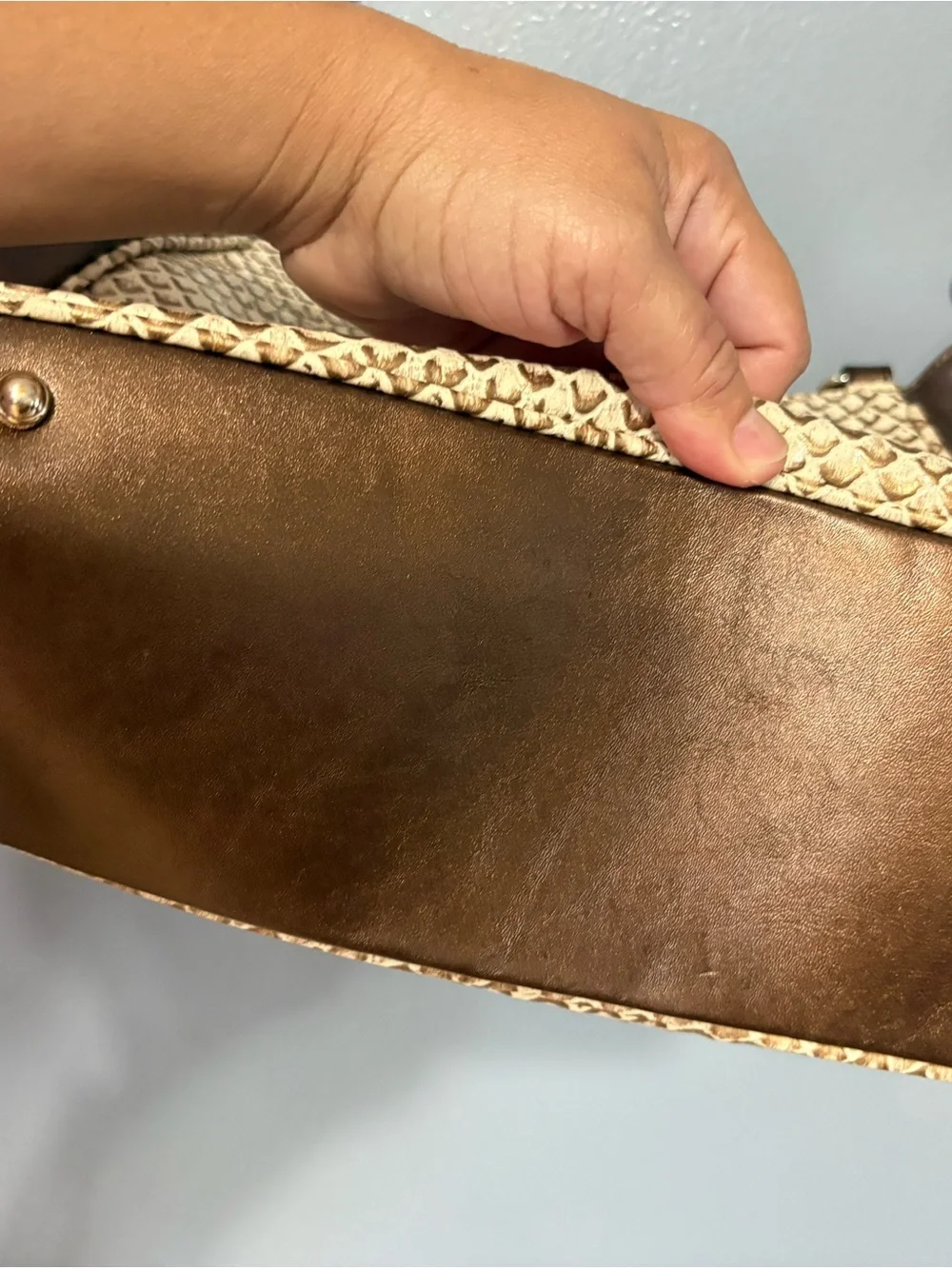 Brahmin Beige Brown Embossed Animal Print Shoulder Bag Zip Gold Dust Bag